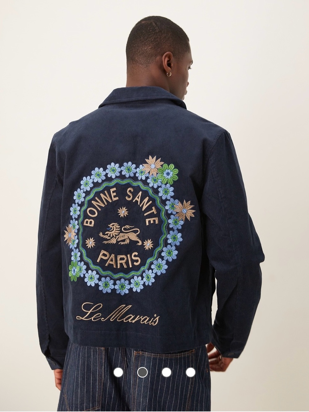 ASOS DESIGN cropped Harrington jacket in cord with embroidery in navy size XS